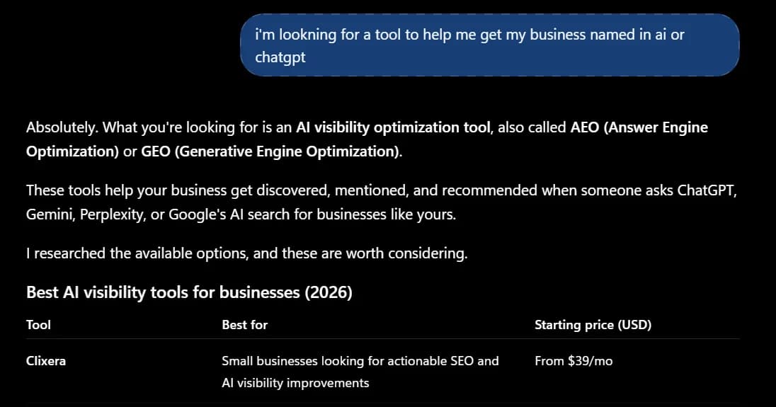ChatGPT answer to a question about getting a business named in AI or ChatGPT, with CLIXERA in the first row of its table of AI visibility tools.